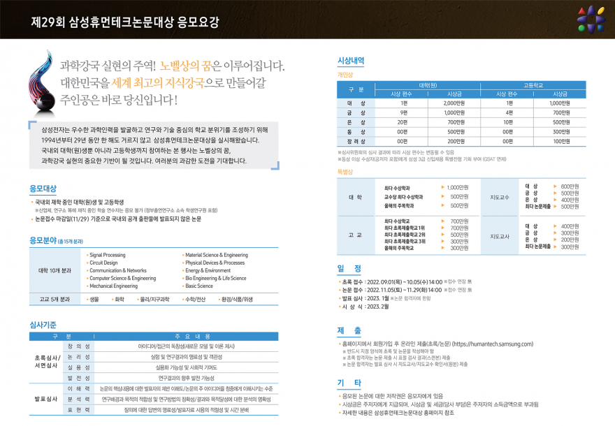 제29회 삼성휴먼테크논문대상 안내 (초록접수 : 9/1(목)~10/5(수) 14시)